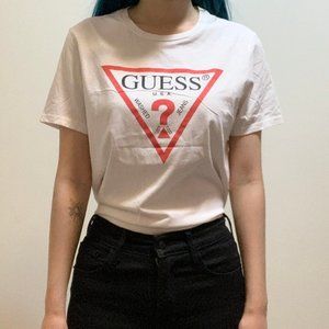 Guess Triangle Question Mark Logo Graphic T-Shirt Shirt Short Sleeve White Red